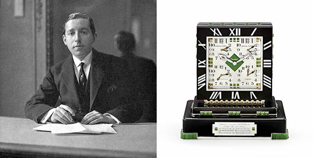 پیر کارتیه در کنار میز خودش درسال ۱۹۱۰ و ساعتی که او به فرانکلین دلانو روزولت در میانه جنگ جهانی دوم اهدا می کند